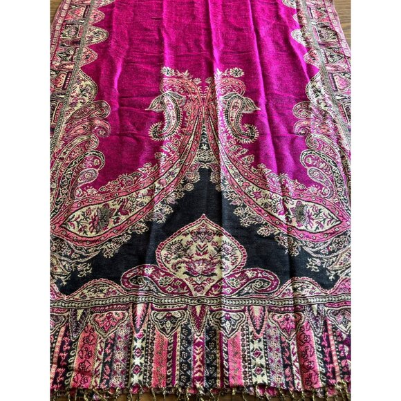 Pashmina pink tan black paisley blanket scarf with fringe 26”x78” - Picture 1 of 6